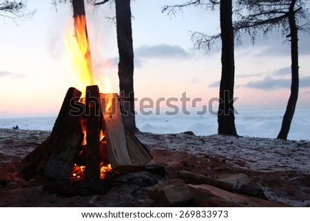 Fire on the shore of Lake Baikal in winter