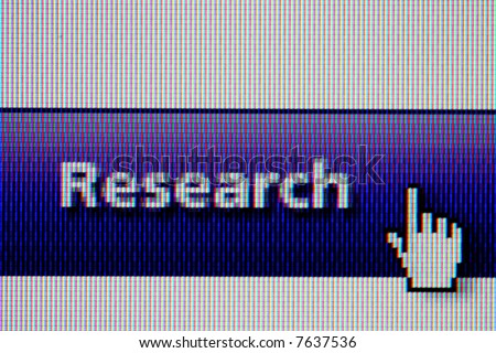 Blue research button with hand cursor on monitor - macro