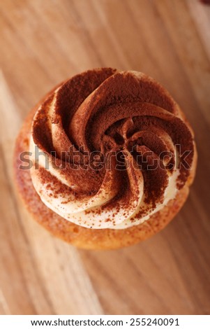 a swirl icing on cupcake,sprinkling with chocolate powder