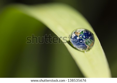 leaf with rain droplet  - Recovery  earth concept  /  rain droplet on a leaf reflecting earth concept for environmental conservation   \