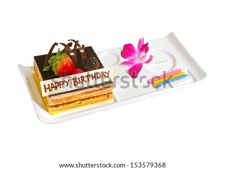 Chocolate Layer Cake decorated with fresh fruits isolated on white background.Birthday Cake