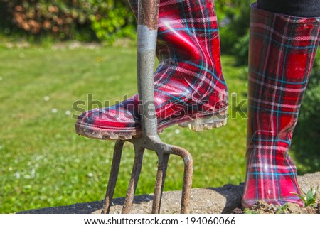 Gardener stands with tartan wellington boots on her spade, Scotland.