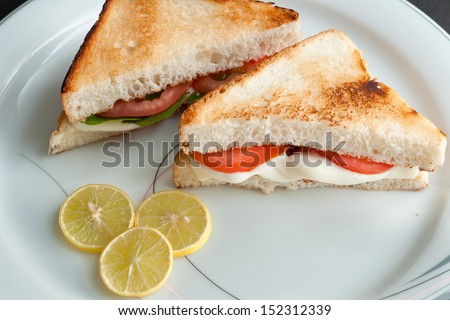 Bread sandwich with cheese,  tomato, lemon. breakfast. healthy vegetarian snacks. fast food.