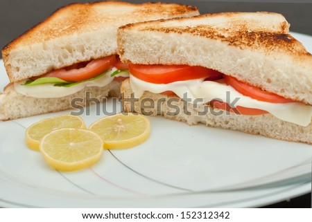 Bread sandwich with cheese,  tomato, lemon. breakfast. healthy vegetarian snacks. fast food.