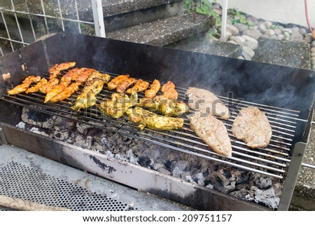 Meat, Chicken and Fish char-grilled over flame. Cooking.
