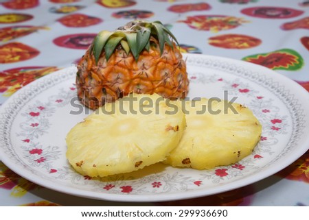 Ripe pineapple fruit isolated. Fresh cut pineapple slices Kerala India. seamless sketch of tropical flower with pineapple pattern background