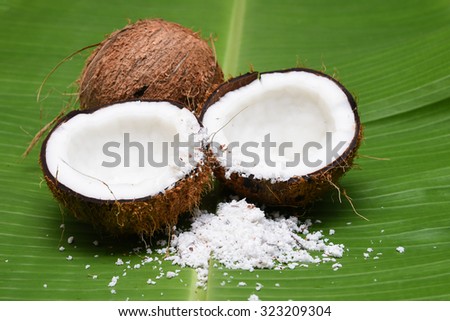 Fresh coconut cut open in half isolated on green banana leaf background Kerala India. Grated coconut top view. for cooking, frying, seasoning sambar, chutney. coconut oil, desiccated/ powder milk