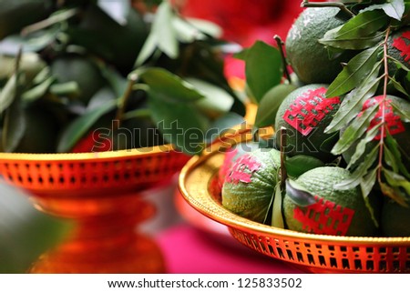 Plates of fruits offering at Chinese style engagement ceremony