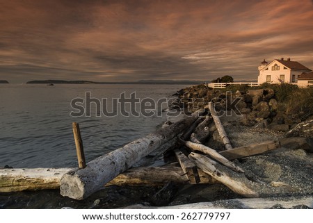 Sunset Landscape Scene/Red Sky Driftwood/ Lighthouse Sunset