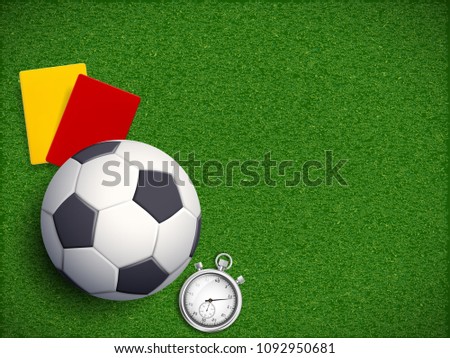 Soccer ball with stopwatch, yellow and red card referee on the grass field of stadium. Sport background with copy space. Stock vector illustration.