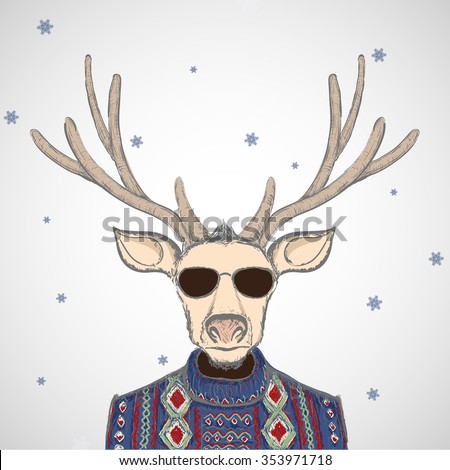 Deer in the knitted sweater. Doodle image. Stock illustration
