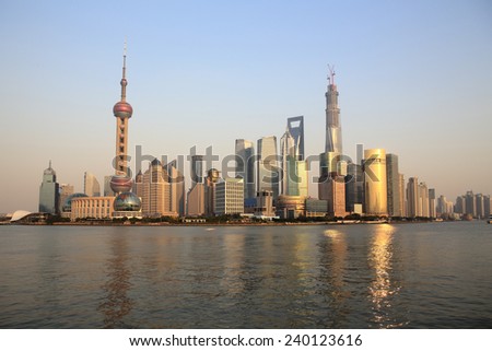 New Shanghai skyline with the Oriental Pearl Tower, Shanghai World Financial Center, Jin Mao Tower and Shanghai Tower