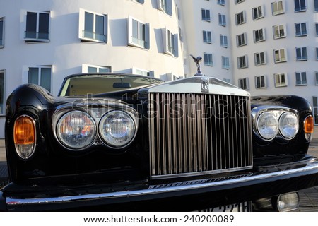 DUSSELDORF, GERMANY - APRIL 7, 2013: A front view of a Rolls-Royce Silver Shadow in the media harbor district on April 7, 2013 in Dusseldorf.