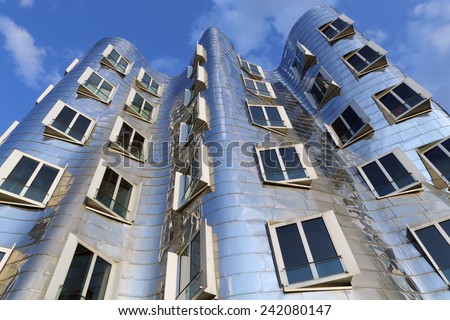 DUSSELDORF, GERMANY - JULY 29, 2012: Frank O. Gehry\'s distorted buildings in the media harbor district on July 29, 2012 in Dusseldorf.
