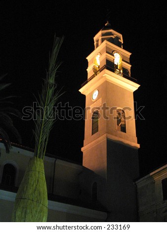 Church tower at night. Parish Church of St. Antonio Abate, Diano Marina, Italy.