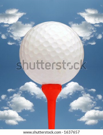 Golf ball with patterned sky background, shallow DoF.