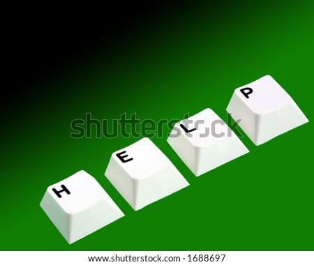Computer keys spelling \'help\' on graduated green background