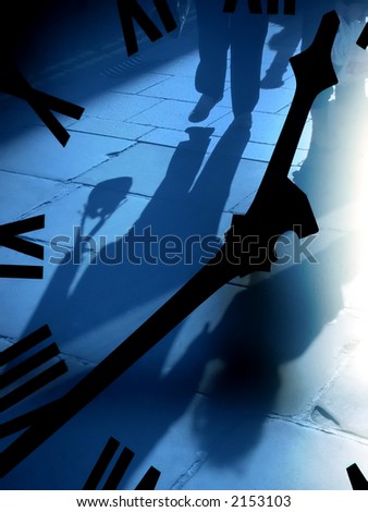 Shadows of high street shoppers with clock face overlay