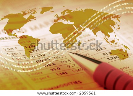 World outline map overlaid on financial newspaper.