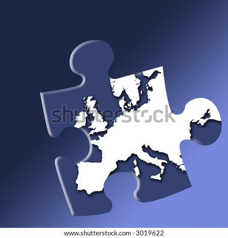Jigsaw piece of European map outline on graduated blue background.