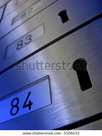 Distorted view of letter boxes with keyholes. Overlaid with blue for effect.