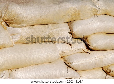 Close-up of sand bags stacked in readiness of floods