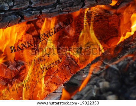 Conceptual image of flames burning pound currency notes