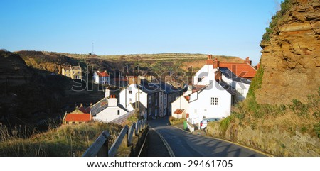 Road leading down to Staithes, North Yorkshire, UK.