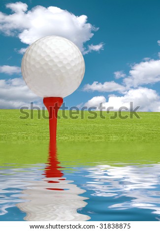 Golf ball, green grass, cloudy sky and simulated water reflection