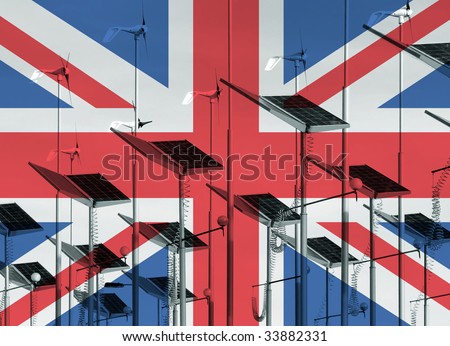 UK flag overlaid over wind generators and solar panels