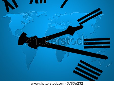 Relief map of world overlaid with black clock face