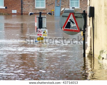 Telephoto view of submerged signs on flooded River Ouse