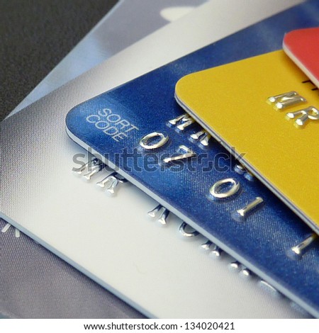 Closeup of a selection of credit and debit cards