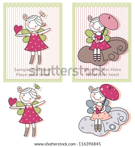 Girls with angel wings on clouds on greeting cards