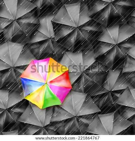 Seamless pattern with many opened colored and black umbrellas, that fully generated by spot watercolor in program for editing raster images.