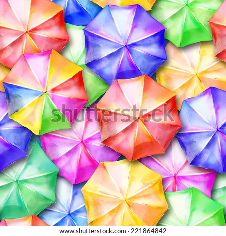 Seamless pattern with many opened colored umbrellas, that fully generated by spot watercolor in program for editing raster images.