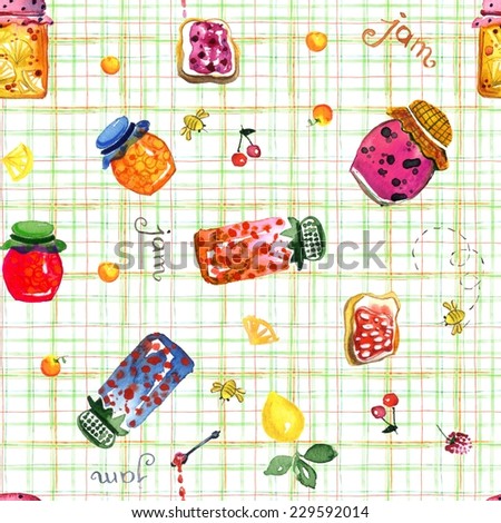 Seamless watercolor pattern with hand-drawing canned fruits and vegetables on vintage background of checkered fabric.