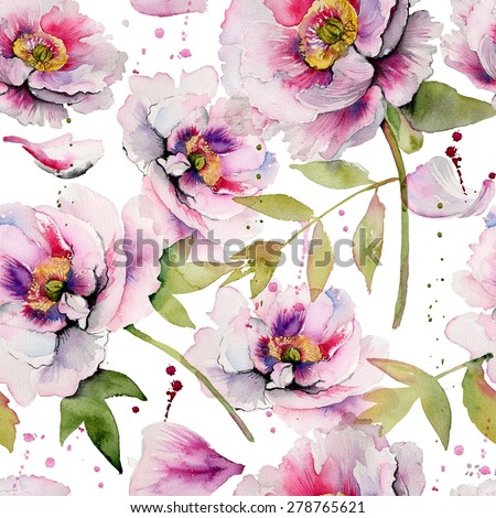 Seamless floral pattern with peonies on watercolor background #5.