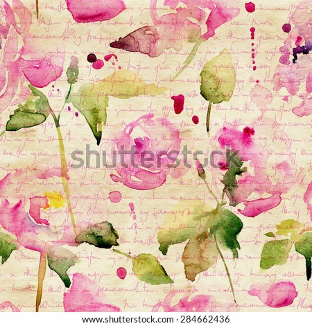 Watercolor seamless pattern with English roses and peonies in vintage style on background with imitation of unreadable handwriting text.