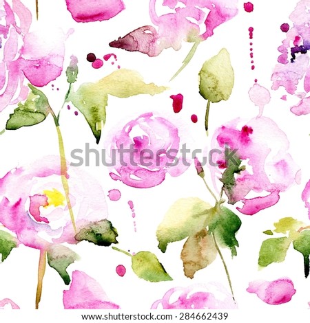 Watercolor seamless pattern with English roses and peonies on pink background.