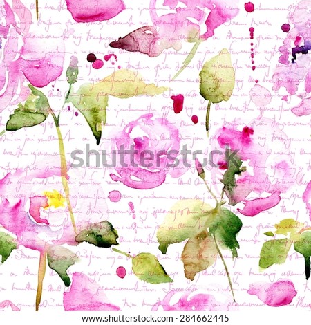 Watercolor seamless pattern with English roses and peonies on background with imitation of unreadable handwriting text.