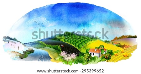 Watercolor illustration with rural landscape with countryside. Arch shaped sky. Four season in one image.