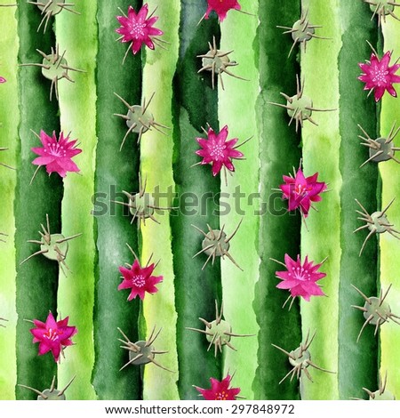 Hand drawn watercolor Prickly pear cactus with purple flowers pattern. Digitally edited.