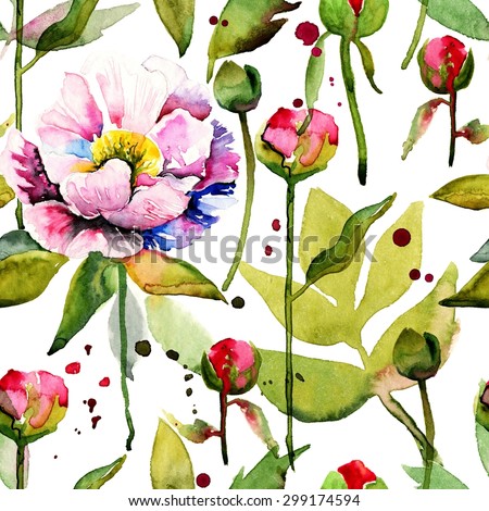Seamless floral pattern with peonies on watercolor background. #5