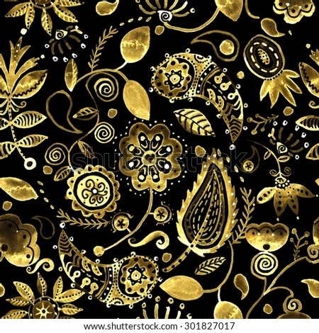 Seamless Black and Gold Paisley background. Hand Drawn pattern.