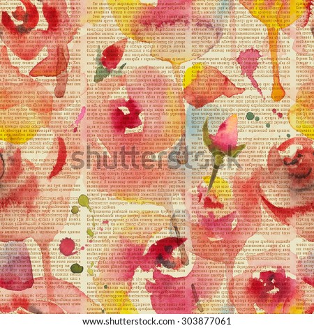 Watercolor English roses seamless pattern. Seamless pattern with newspaper columns. Text in newspaper page unreadable.