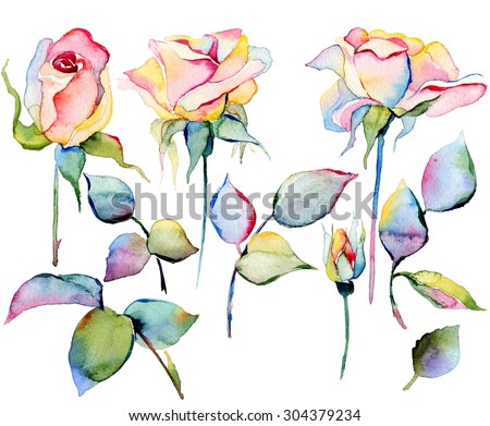Seamless pattern with watercolor hand drawn roses bouquet on striped background with imitation of handwriting unreadable text