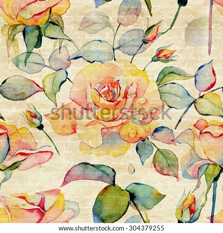 Seamless pattern with watercolor hand drawn roses bouquet on striped background with imitation of handwriting unreadable text