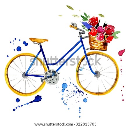 Hand drawn watercolor isolated bike illustration with color splash and flowers in vintage style. Watercolor retro bike.