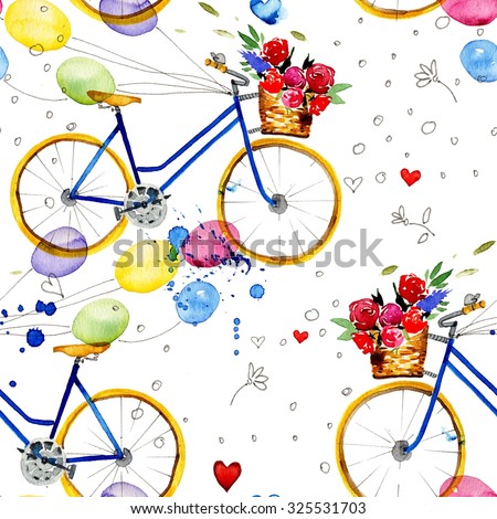Hand drawn watercolor pattern with bike in vintage style. watercolor retro bike seamless pattern. Watercolor pattern with bicycles.